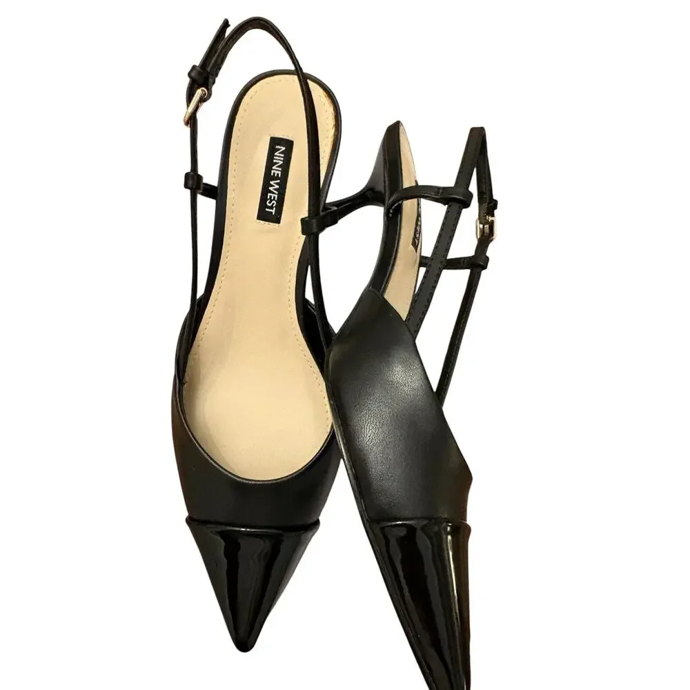 Nine West Women's Black Rizzy Slingback Kitten Faux Leather Heels 7.5 NEW - Picture 5 of 8